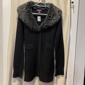 Say What ? Black Knit Cardigan with Faux Fur Collar